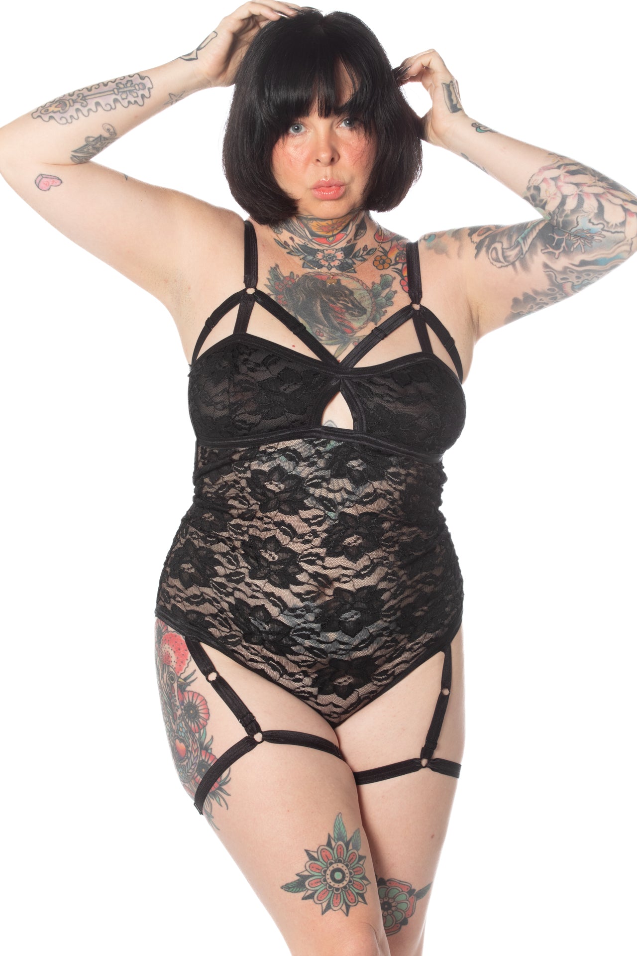 Lace ouvert harness bodysuit