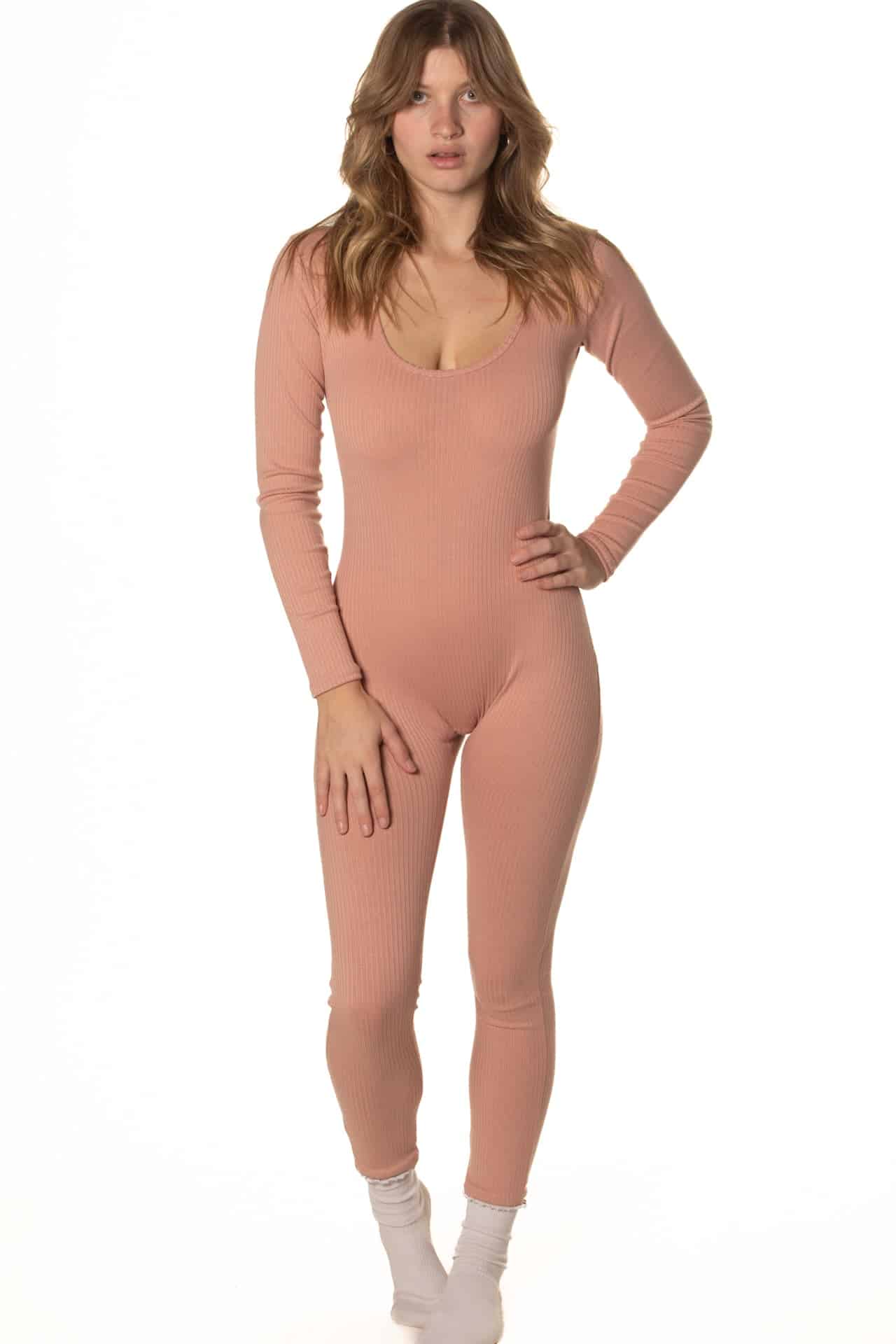 Swan Lake Ribbed Knit Long Sleeve Catsuit